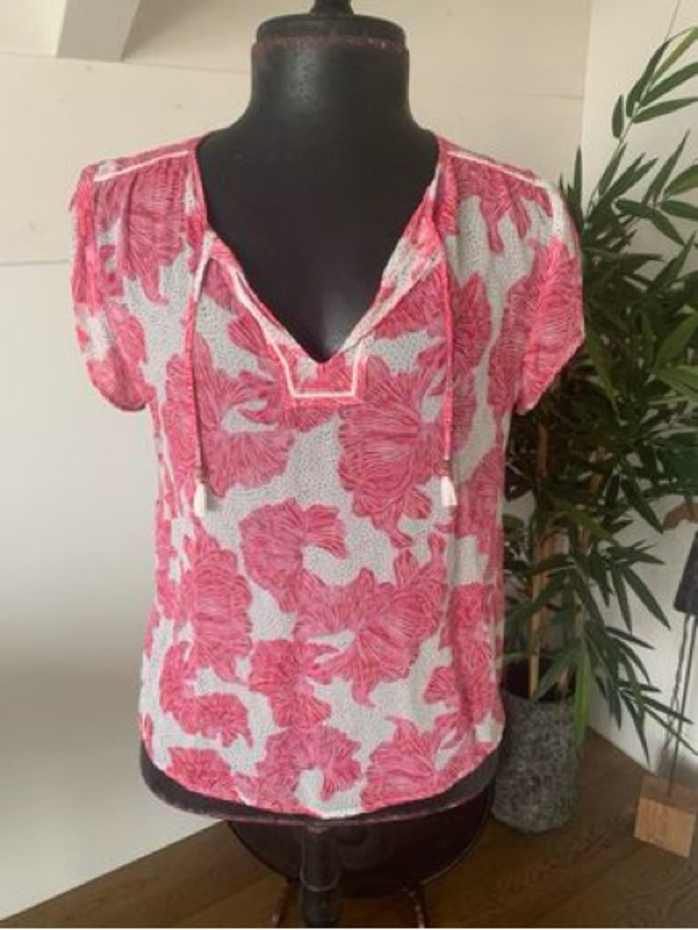 Pink Floral V-Neck Tie-Front Blouse